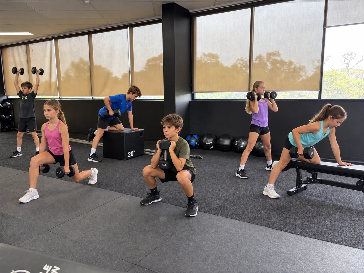 Children training with dumbbells on the gym floor at The Huddle