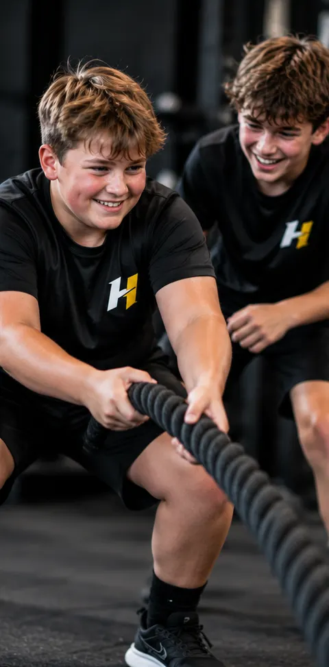 Boy working a battle rope while a teammate cheers him on