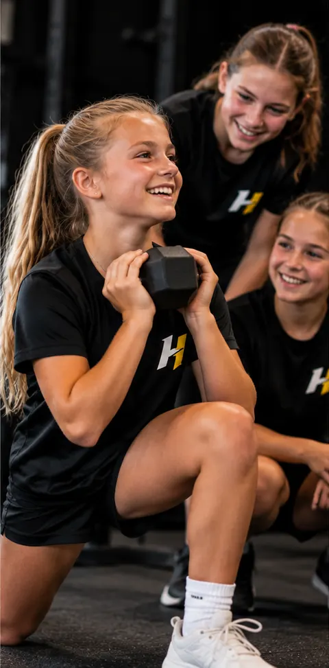 Girl holding a dumbbell in a lunge with teammates beside her